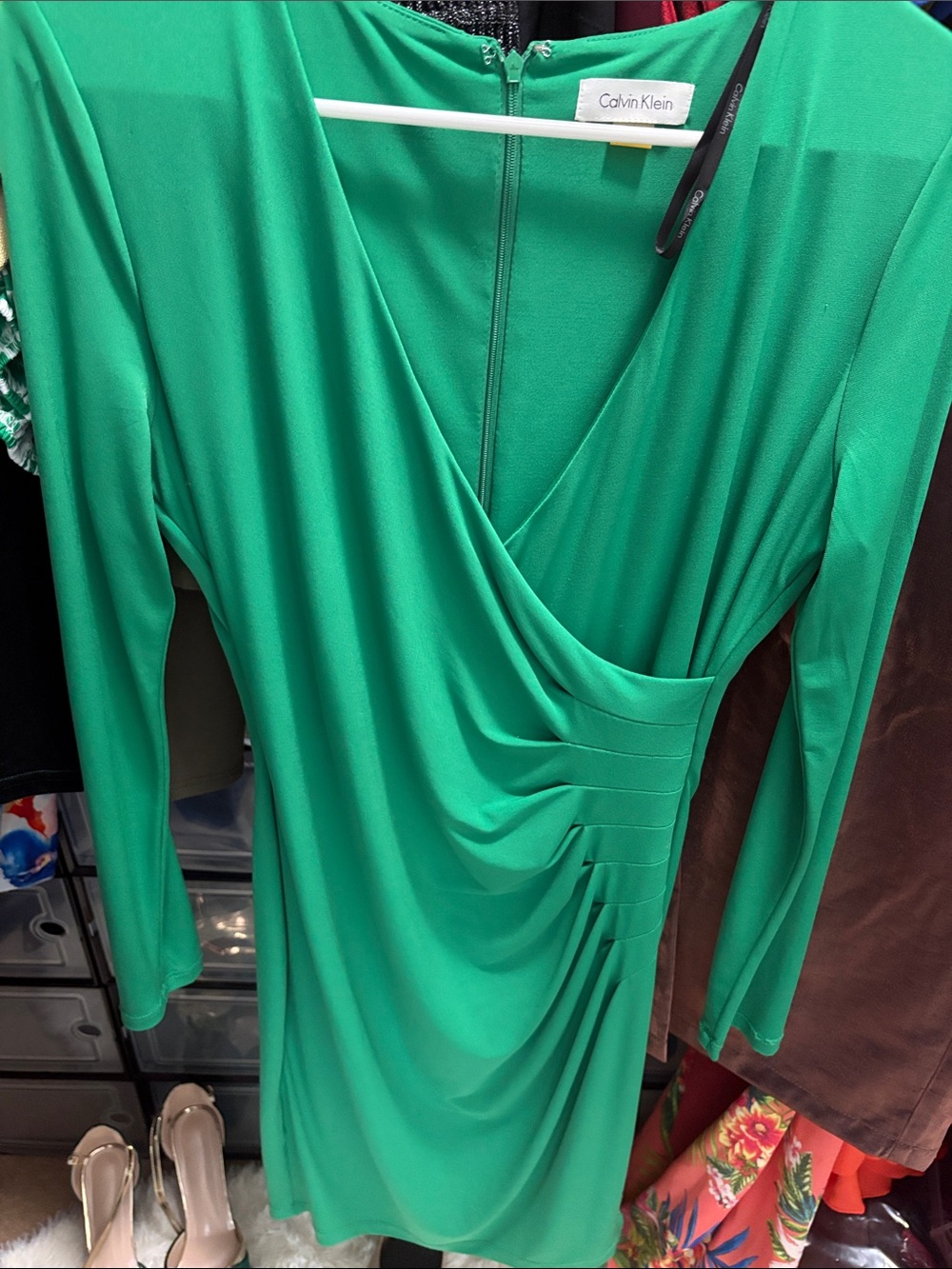 Calvin Klein Emerald Green Draped Long Sleeve Dress